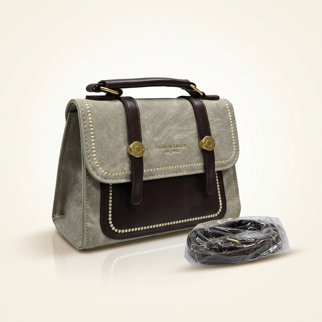 Luxury sage green canvas and brown leather satchel handbag with gold chain strap for women