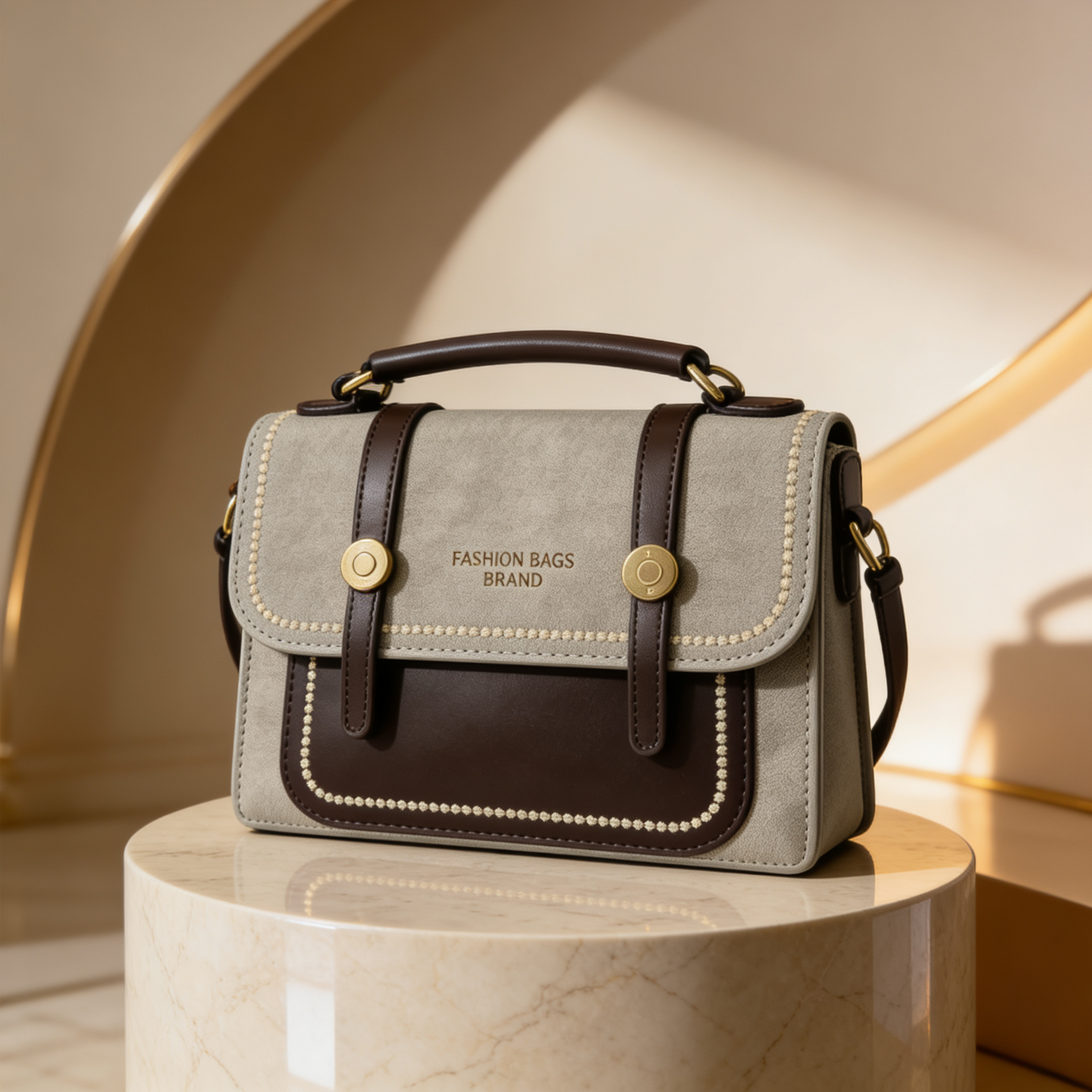 Luxury sage green canvas and brown leather satchel handbag with gold chain strap for women