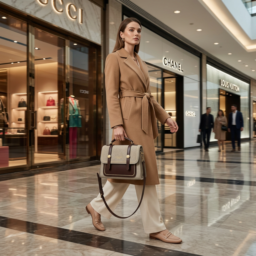 Luxury sage green canvas and brown leather satchel handbag with gold chain strap for women