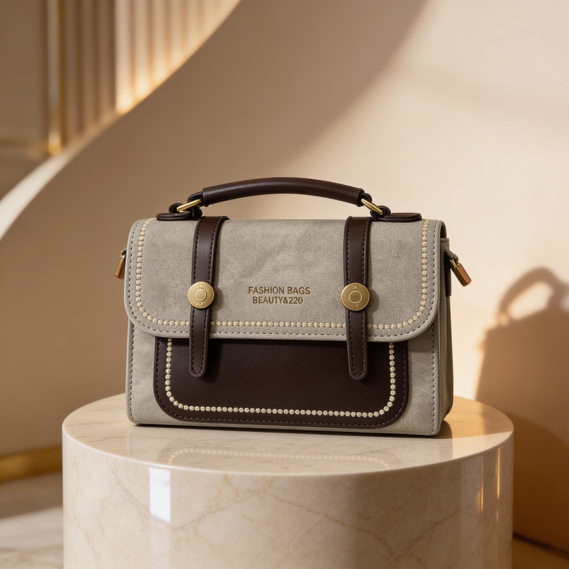 Luxury sage green canvas and brown leather satchel handbag with gold chain strap for women