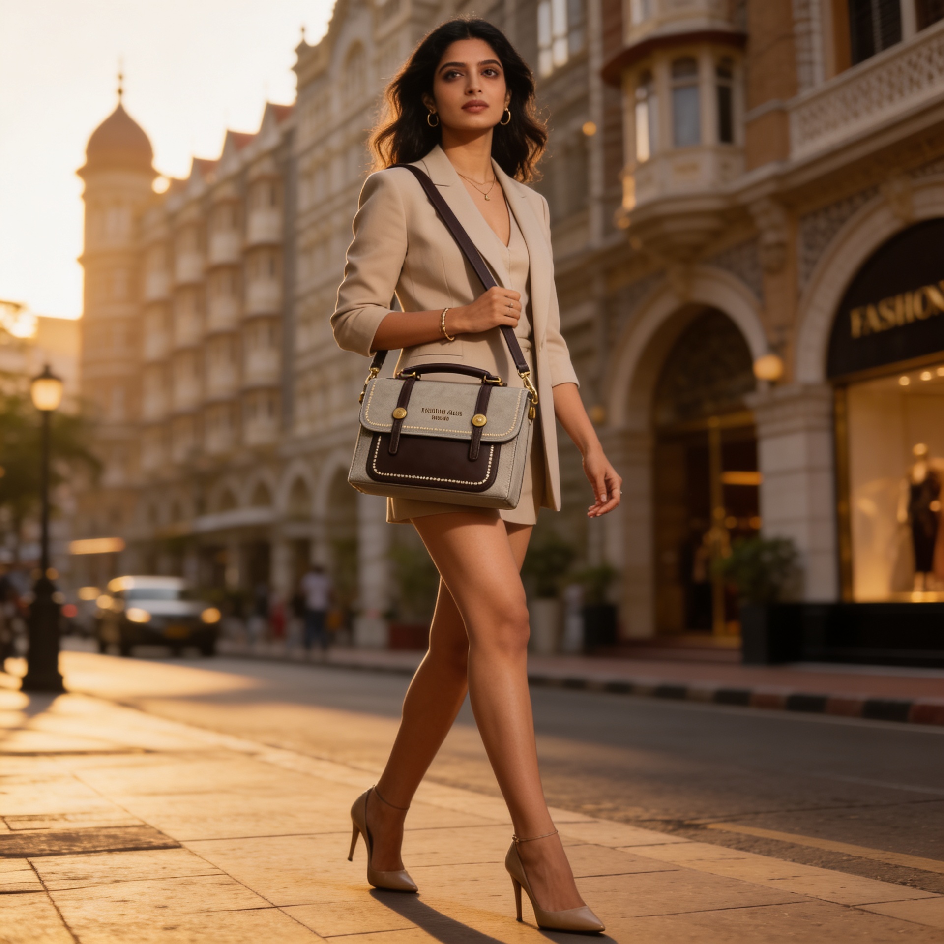 Luxury sage green canvas and brown leather satchel handbag with gold chain strap for women