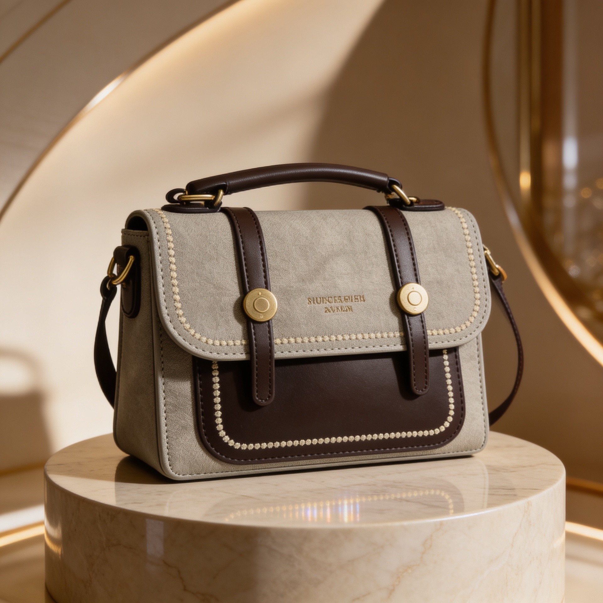 Luxury sage green canvas and brown leather satchel handbag with gold chain strap for women