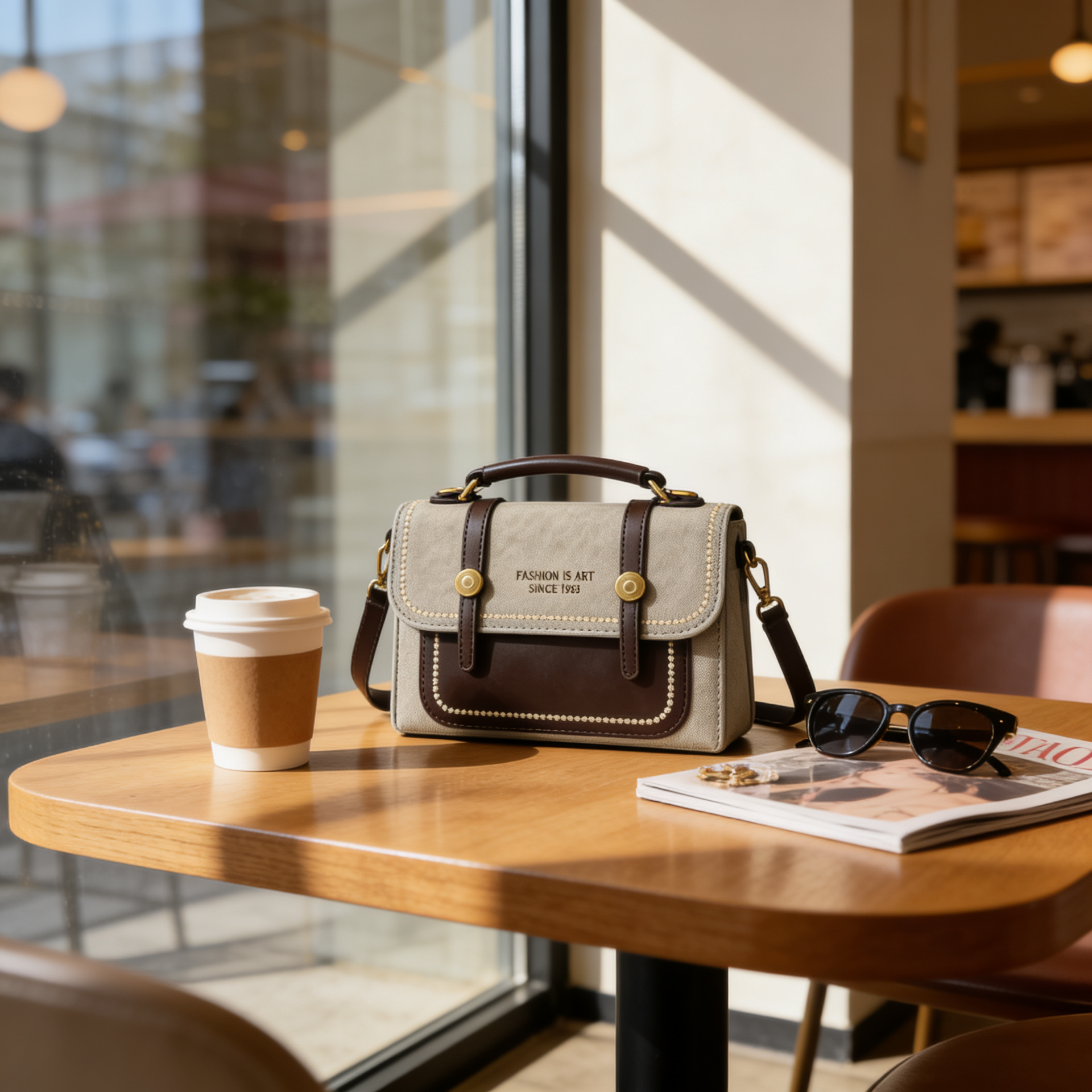 Luxury sage green canvas and brown leather satchel handbag with gold chain strap for women