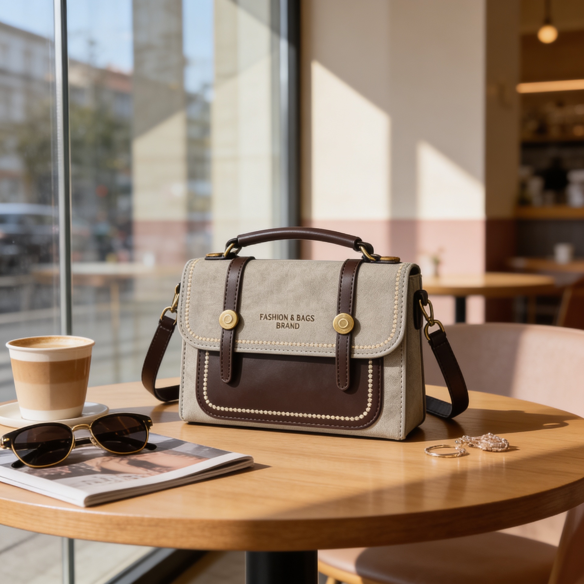 Luxury sage green canvas and brown leather satchel handbag with gold chain strap for women