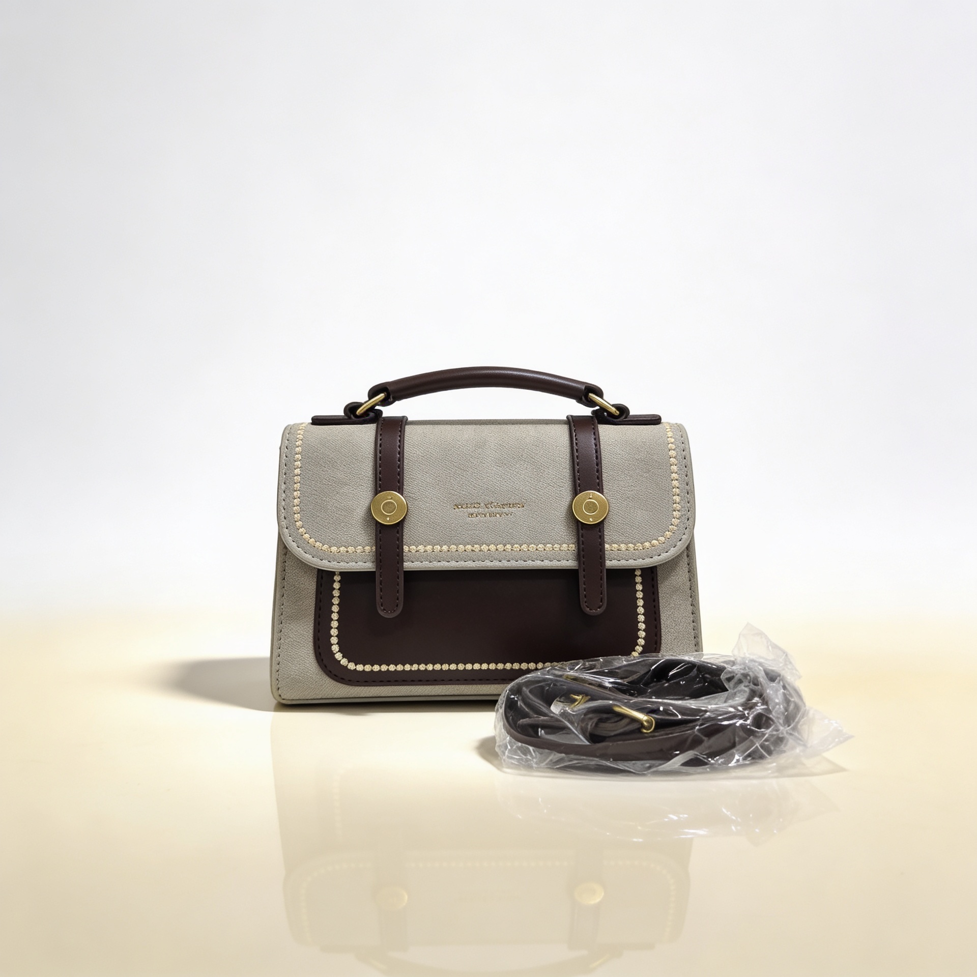 Luxury sage green canvas and brown leather satchel handbag with gold chain strap for women