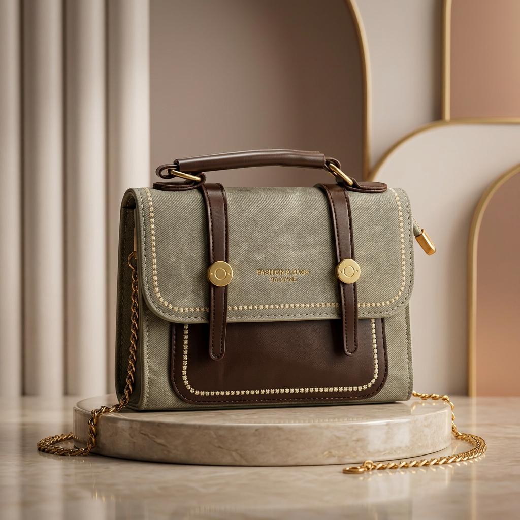 Luxury sage green canvas and brown leather satchel handbag with gold chain strap for women