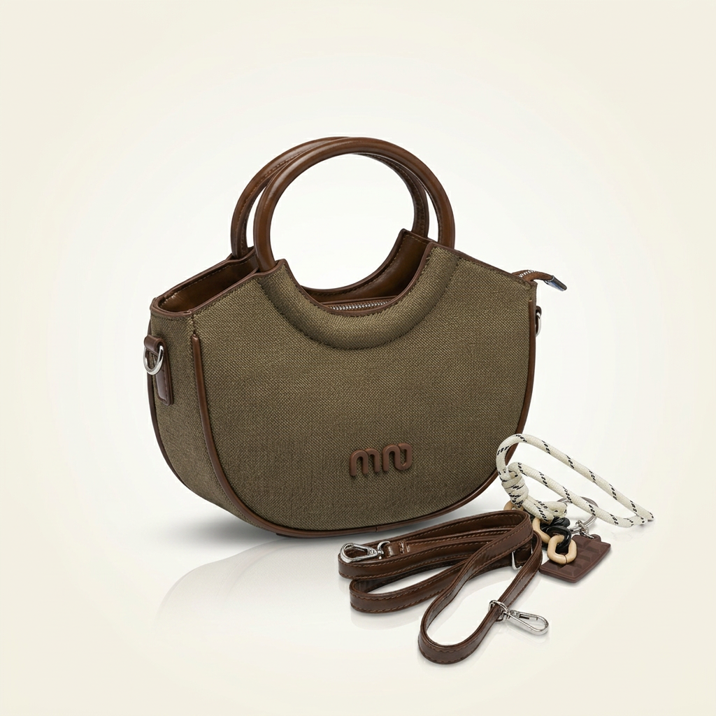 Luxury olive green canvas half-moon handbag with circular leather handles and detachable crossbody strap for women