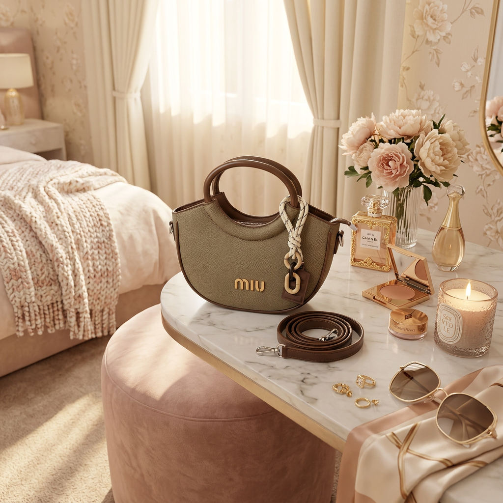 Luxury olive green canvas half-moon handbag with circular leather handles and detachable crossbody strap for women