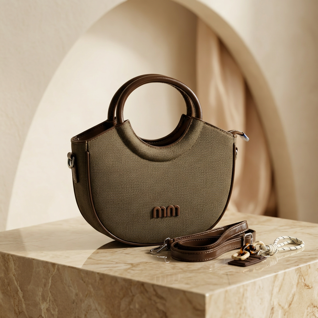 Luxury olive green canvas half-moon handbag with circular leather handles and detachable crossbody strap for women