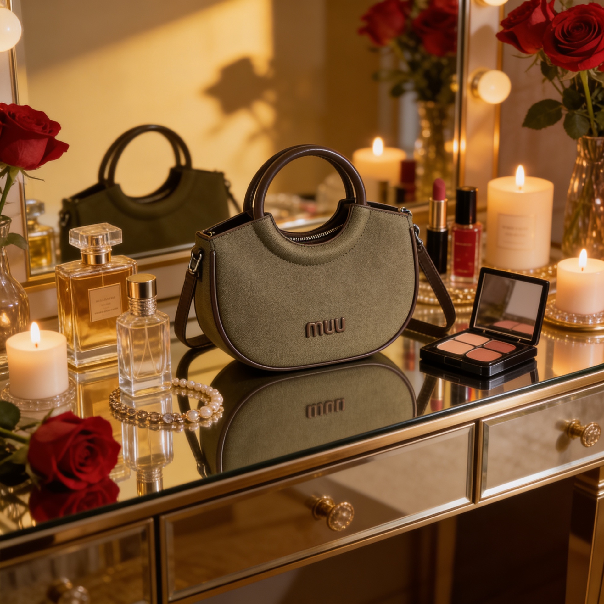 Luxury olive green canvas half-moon handbag with circular leather handles and detachable crossbody strap for women