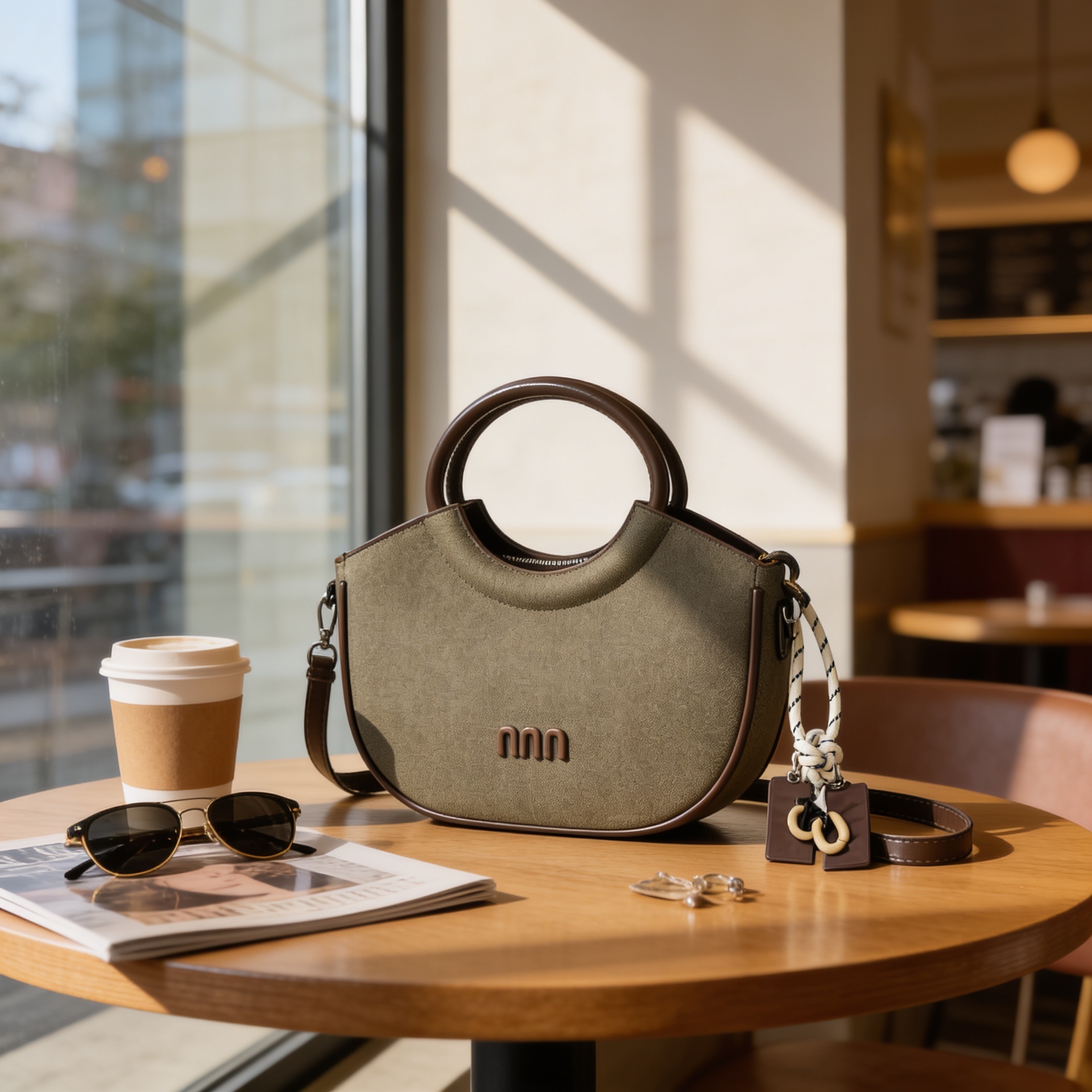 Luxury olive green canvas half-moon handbag with circular leather handles and detachable crossbody strap for women