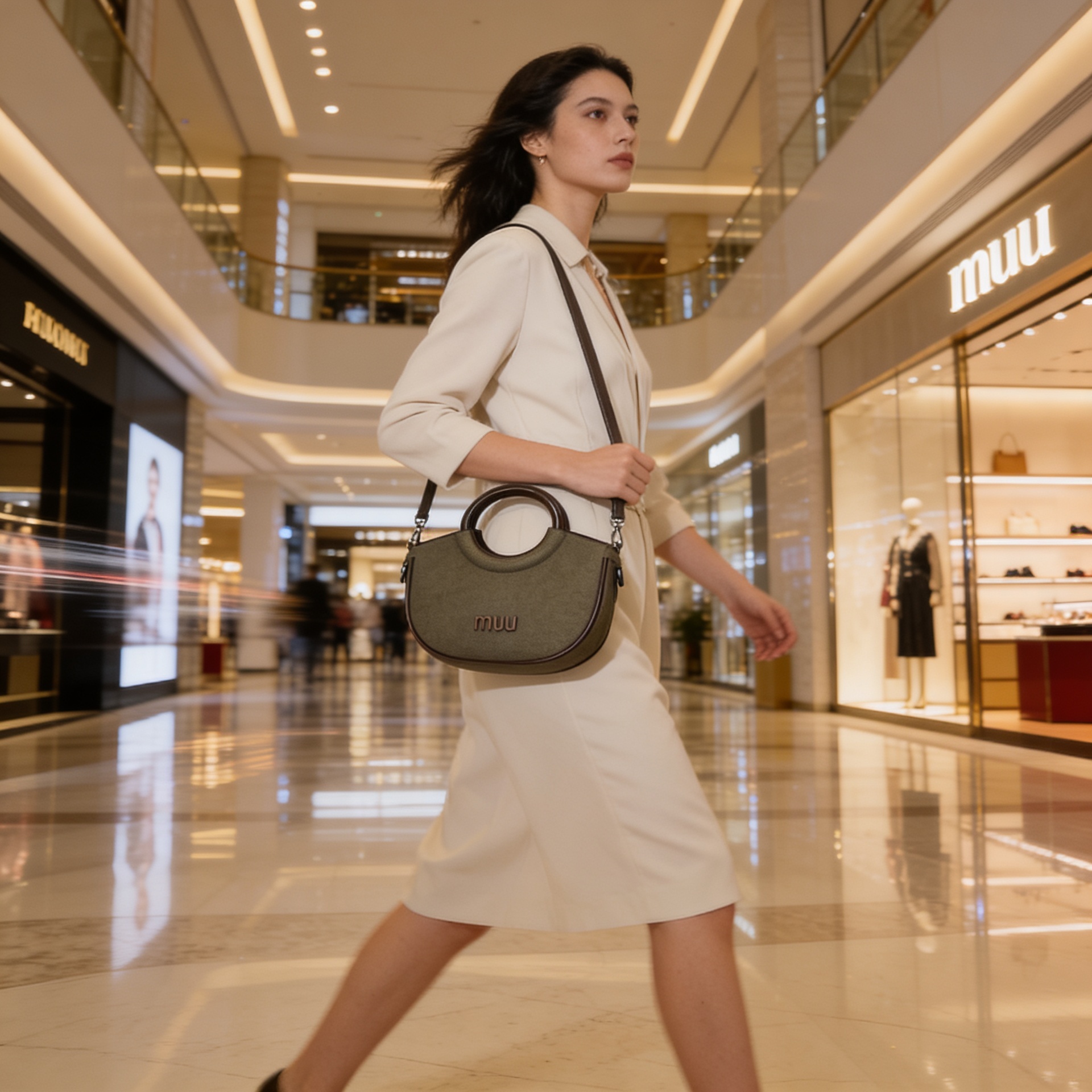 Luxury olive green canvas half-moon handbag with circular leather handles and detachable crossbody strap for women