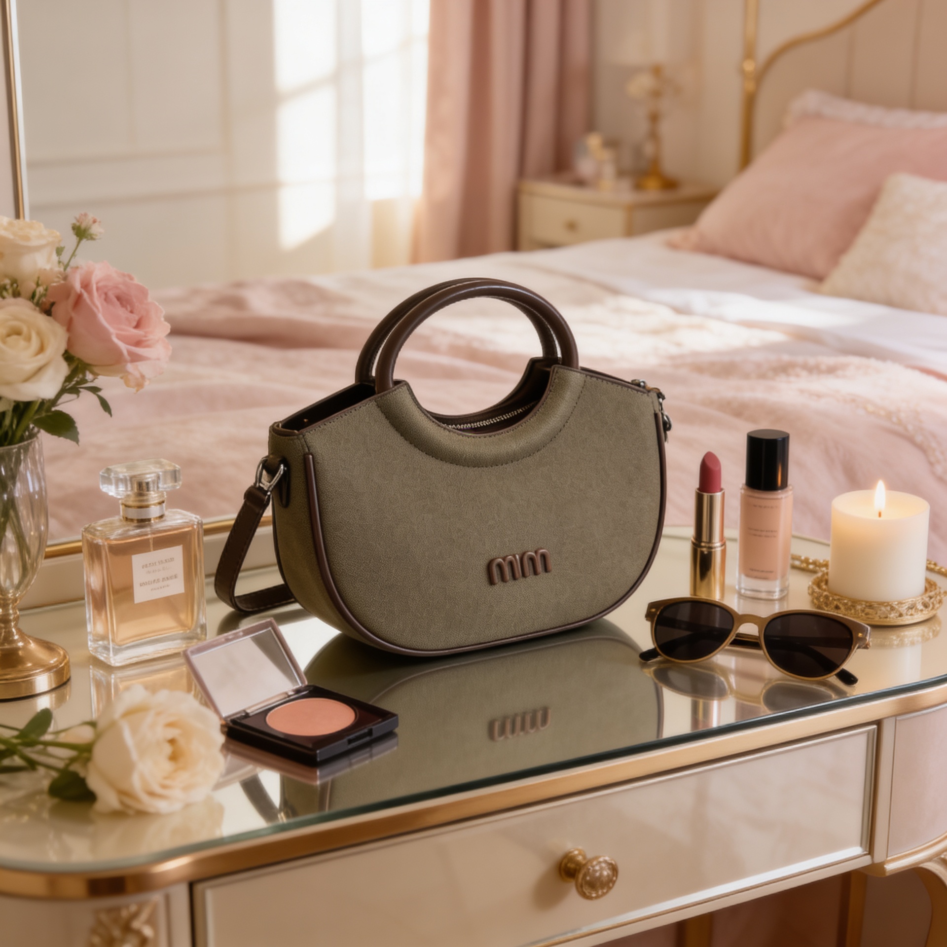 Luxury olive green canvas half-moon handbag with circular leather handles and detachable crossbody strap for women