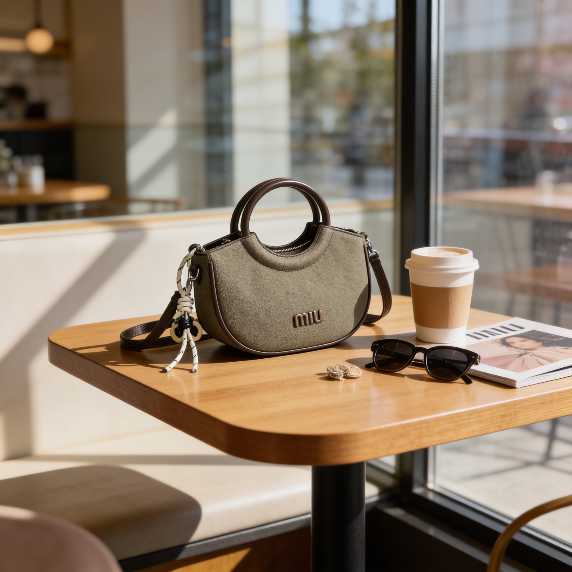 Luxury olive green canvas half-moon handbag with circular leather handles and detachable crossbody strap for women