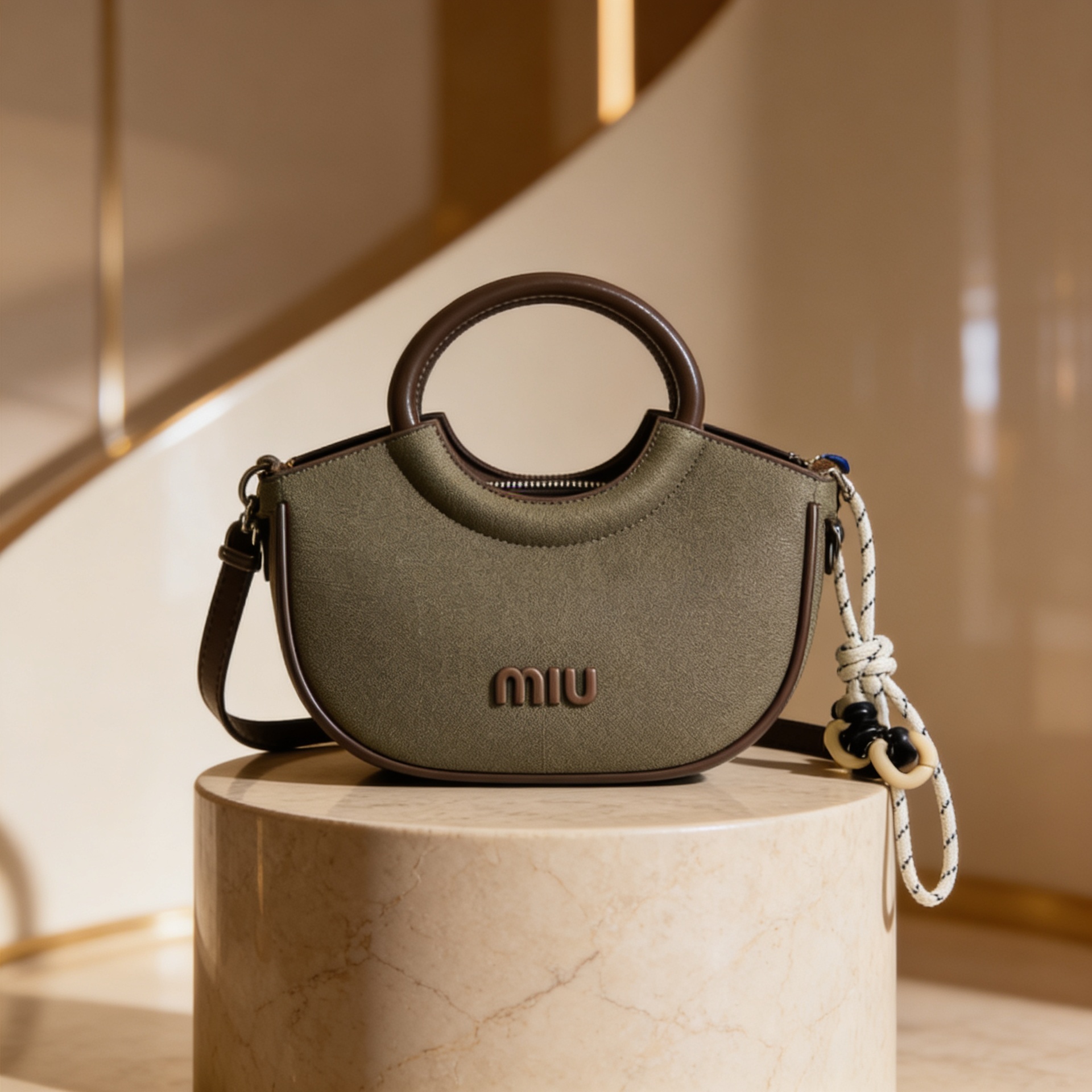 Luxury olive green canvas half-moon handbag with circular leather handles and detachable crossbody strap for women