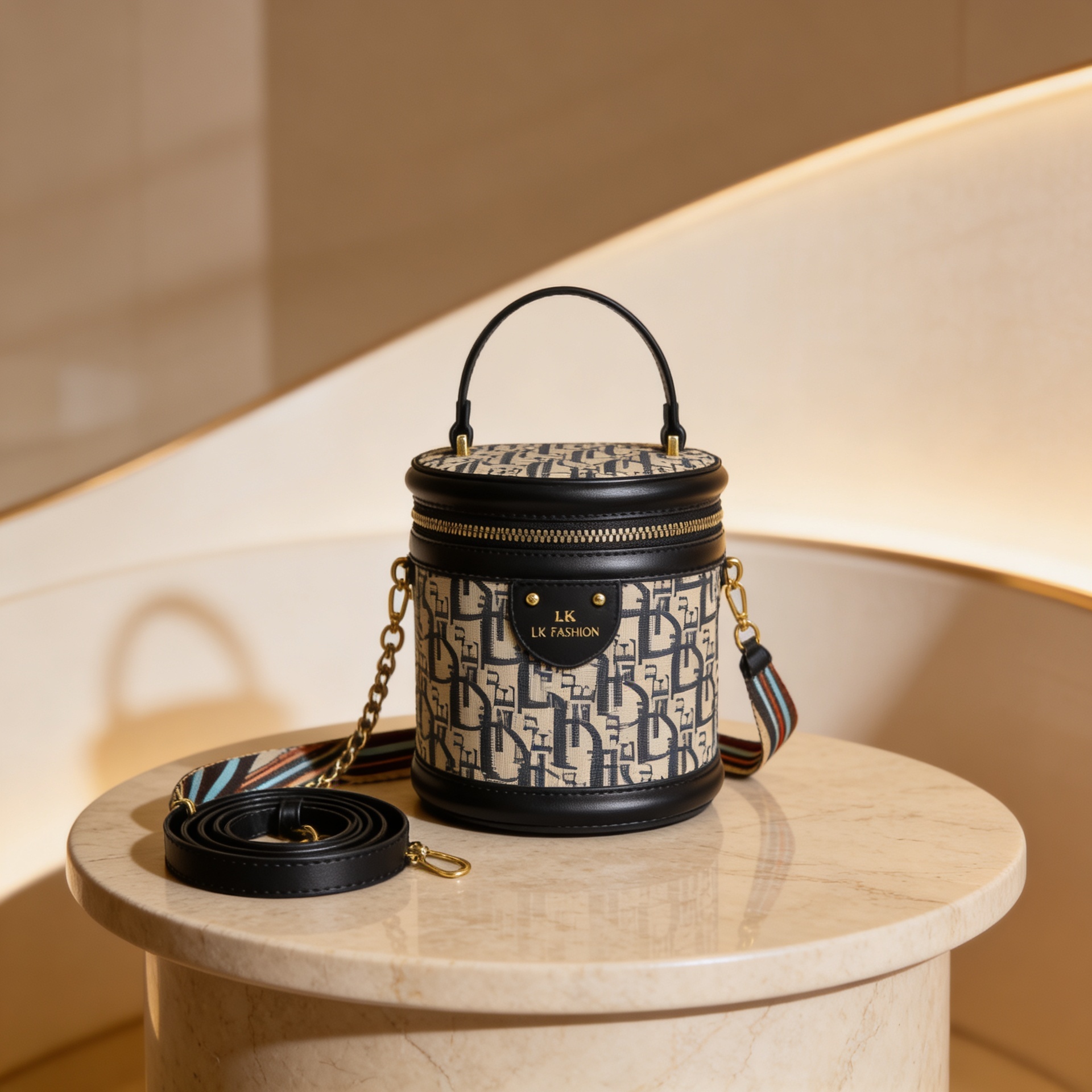 Luxury monogram canvas cylinder barrel vanity bag with gold zipper and black leather trim for women