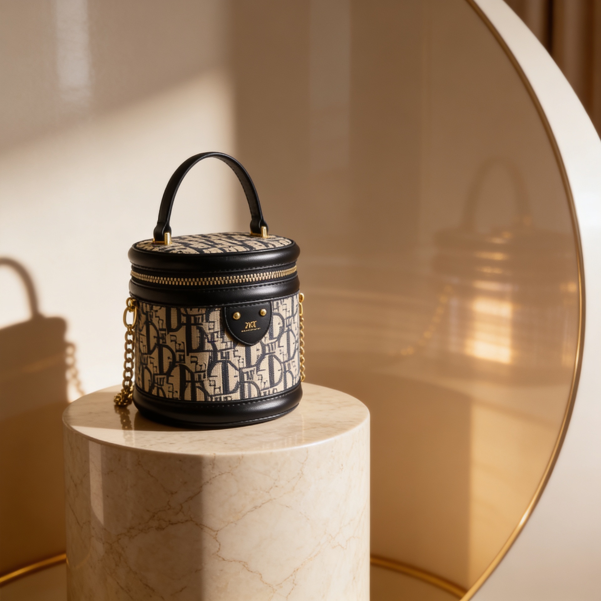 Luxury monogram canvas cylinder barrel vanity bag with gold zipper and black leather trim for women
