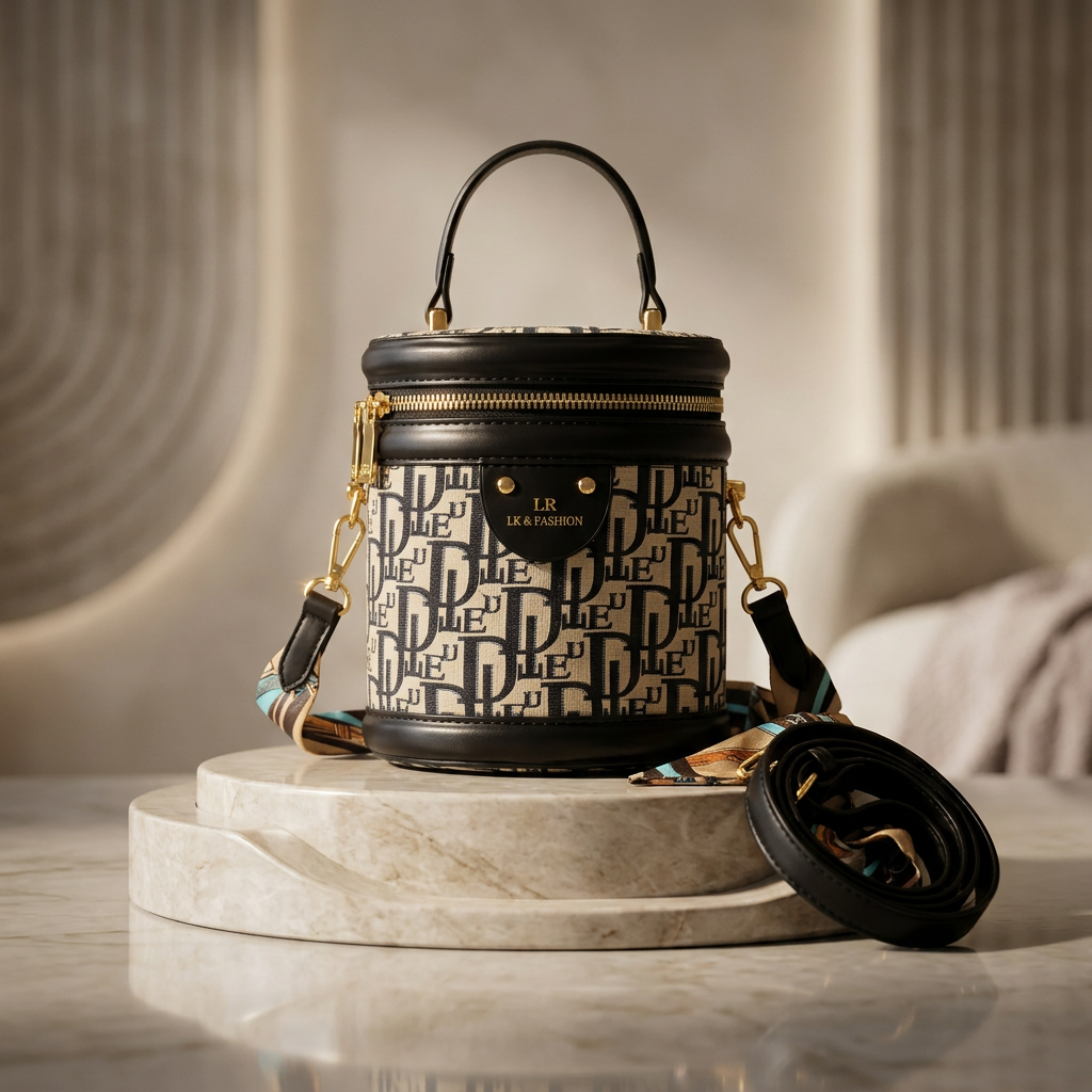Luxury monogram canvas cylinder barrel vanity bag with gold zipper and black leather trim for women