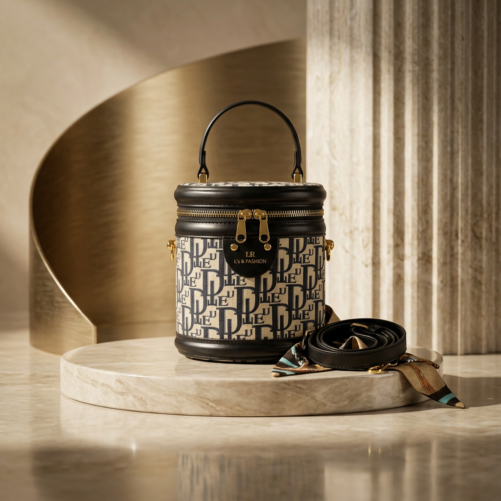 Luxury monogram canvas cylinder barrel vanity bag with gold zipper and black leather trim for women