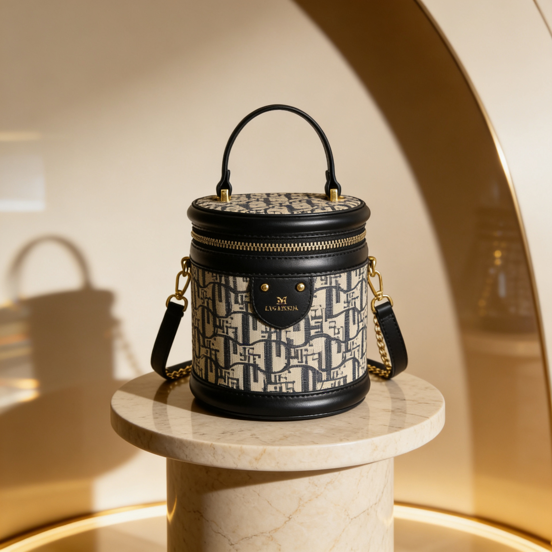 Luxury monogram canvas cylinder barrel vanity bag with gold zipper and black leather trim for women